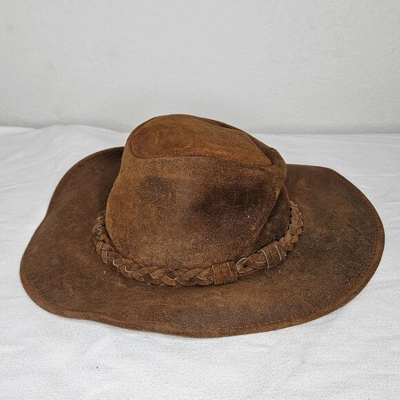 Minnetonka Brown Suede Leather Hat with Braided Band & Bendable Brim Size M - Picture 2 of 5